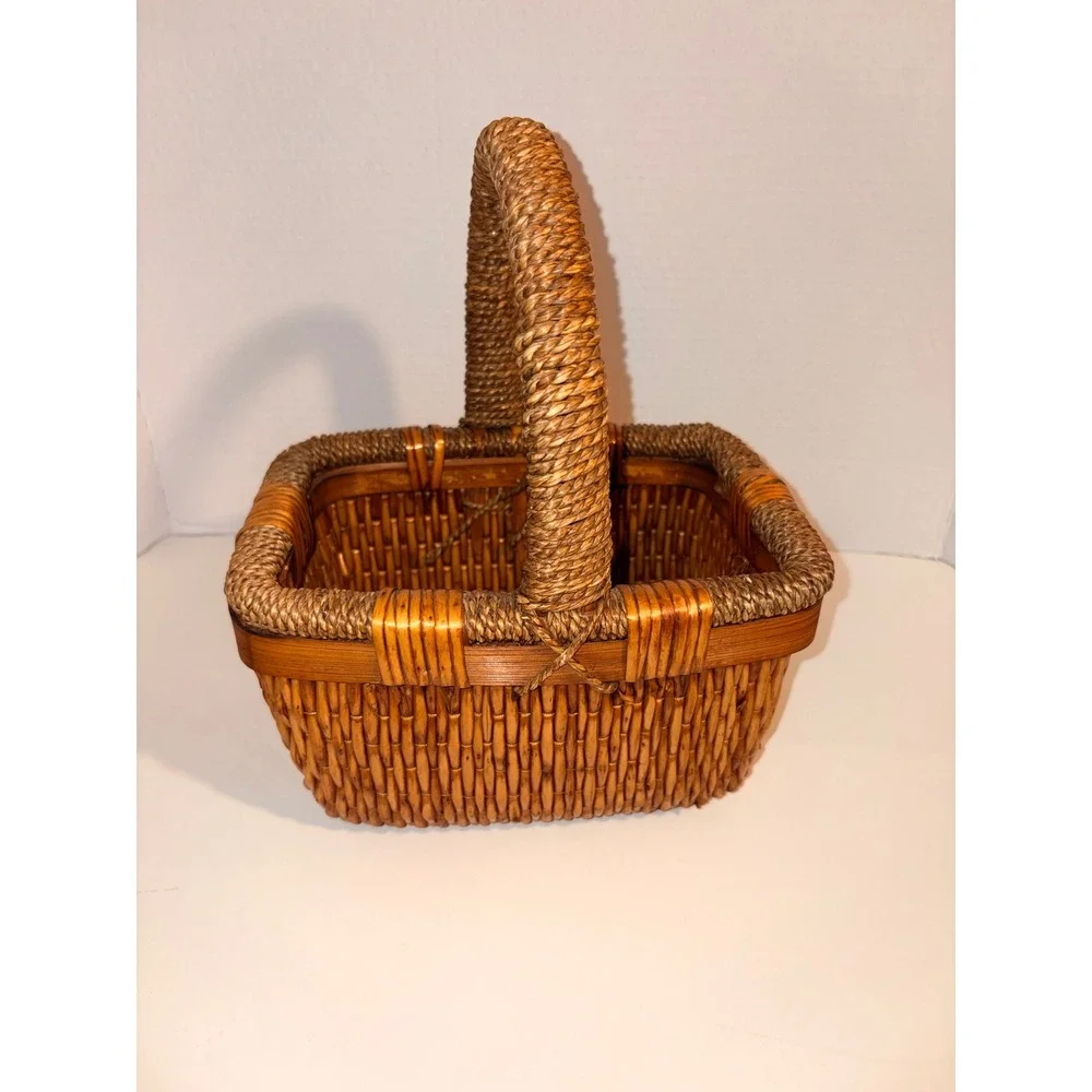 Vintage Woven Wicker Basket with Seagrass Wrapped Handle Rectangular Brown Decor